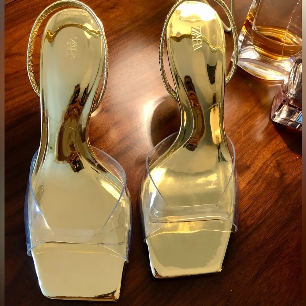 ZARA Gold Metallic Heel Sandals with Clear Strap - Picture 2 of 6